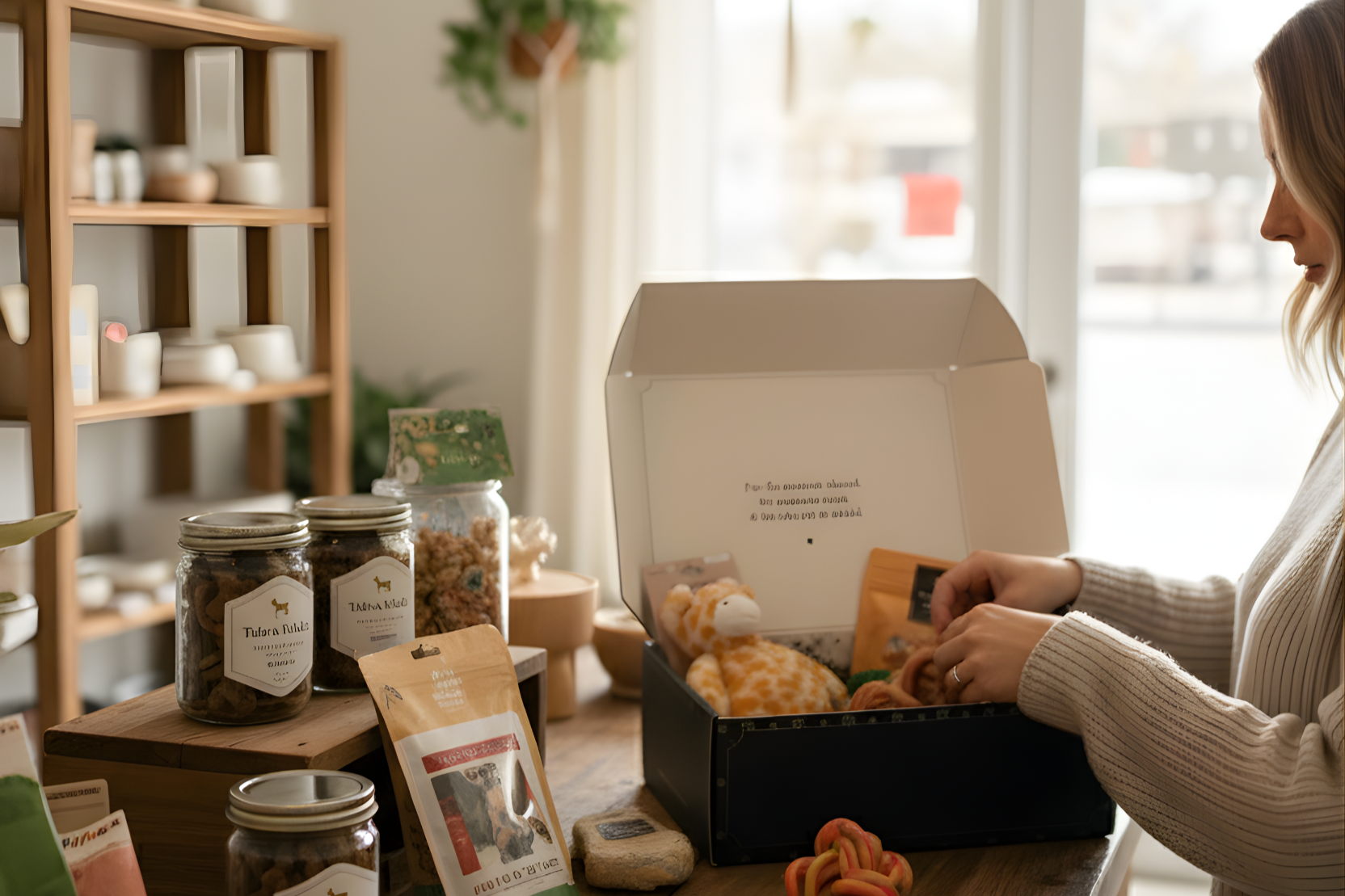 Person opening a cat gift box with a toy and treats on a table in a cozy store