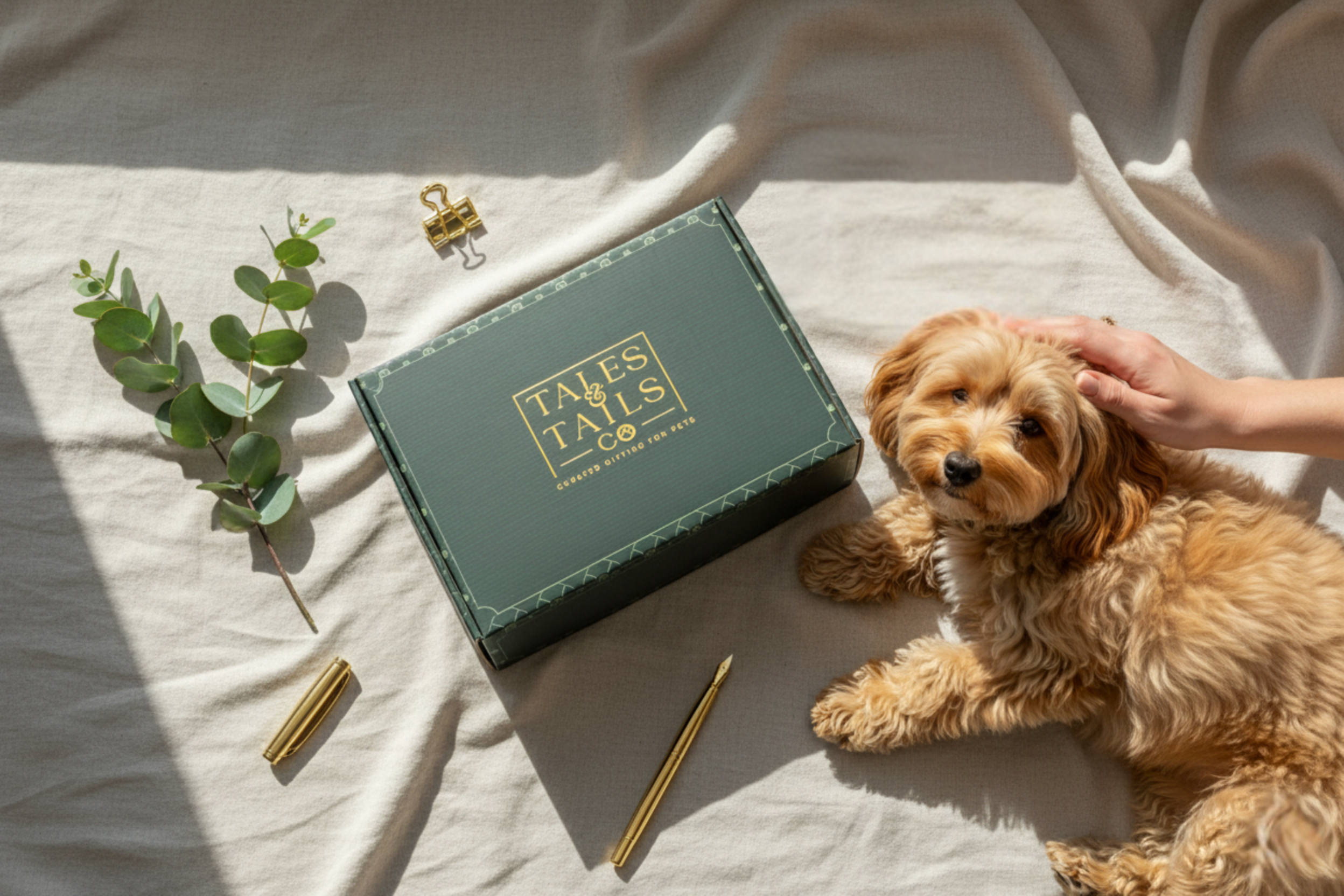 Small dog lying next to a 'Tales & Tails' dog gift box on a light fabric background
