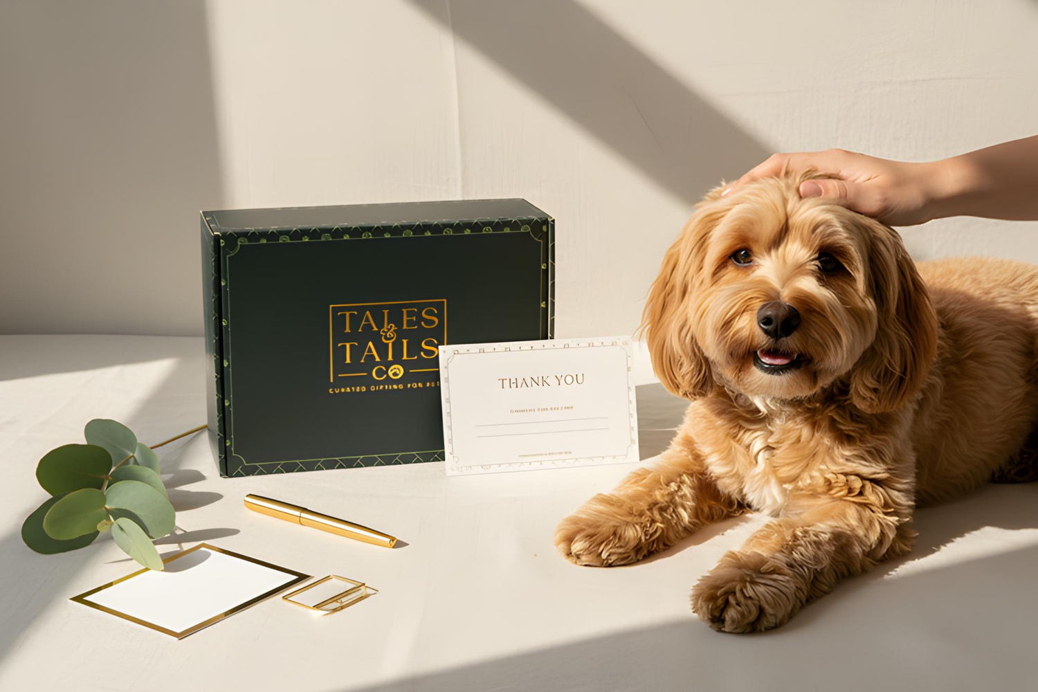 Dog lying next to a Tales of Tails luxury pet gift box and accessories.