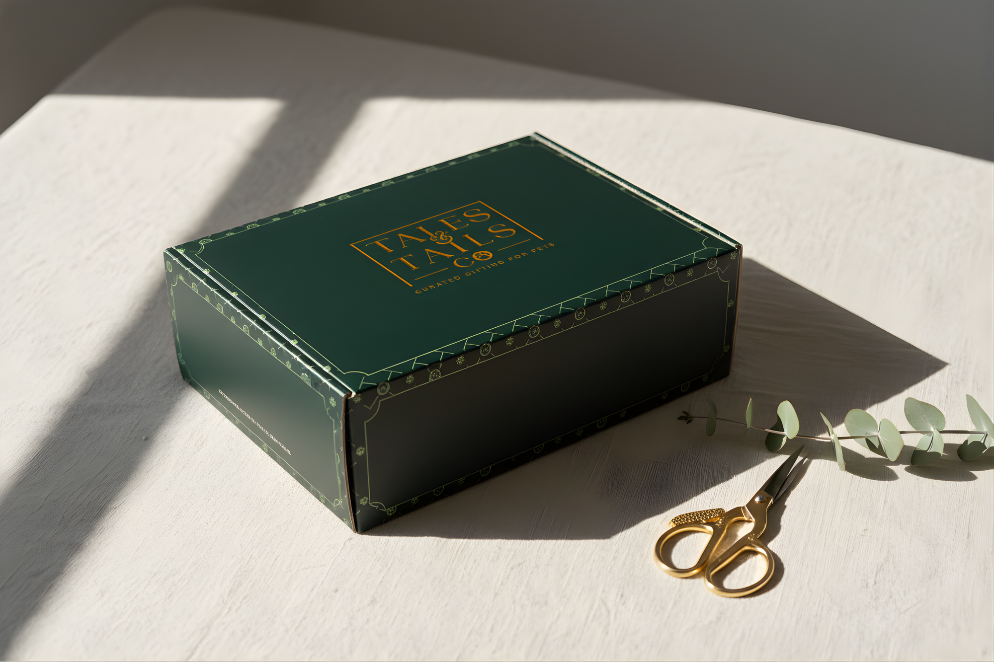 luxury pet gift box with gold text on a white surface with a pair of gold scissors and green leaves.