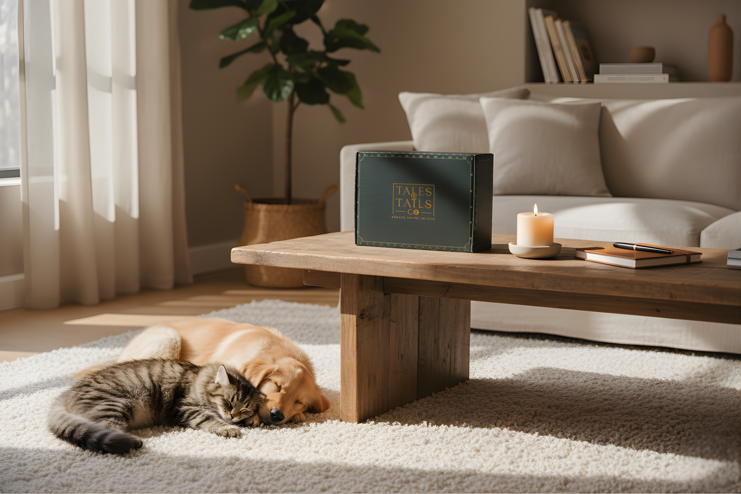 Cat and dog lying on a rug in a cozy living room with a coffee table and dog and cat gift box.
