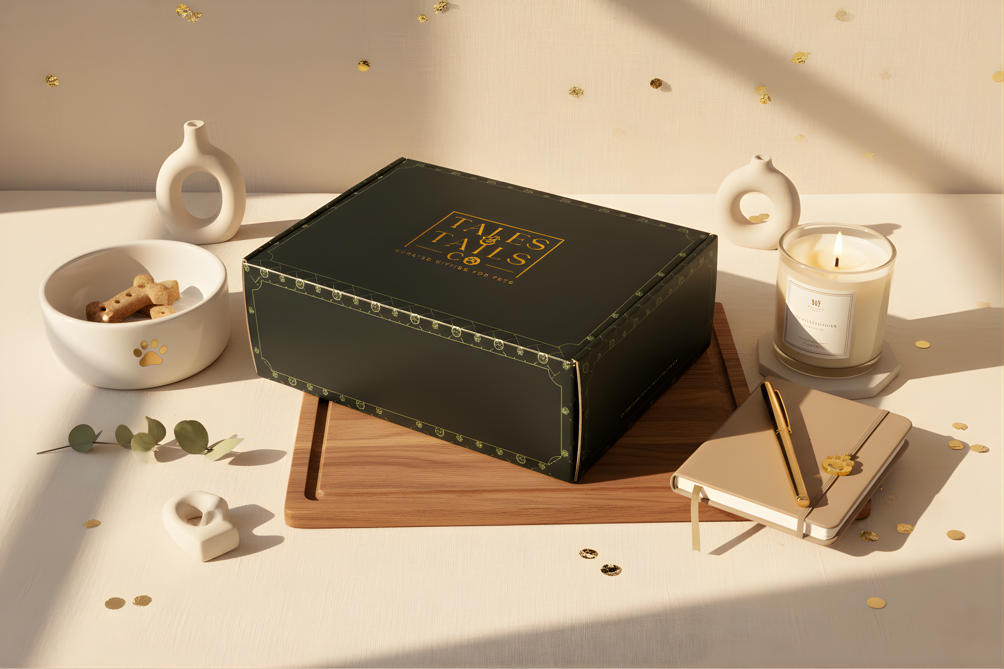 Dog gift box on a light surface with decorative items.