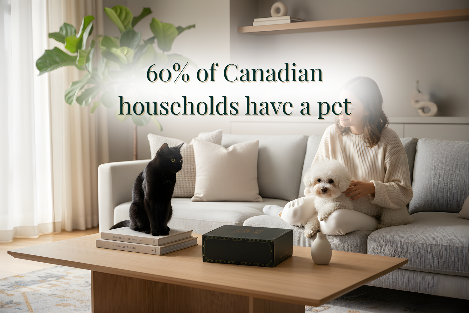 Woman and her pets with a pet gift box in a living room with text overlay about pet ownership in Canadian households.