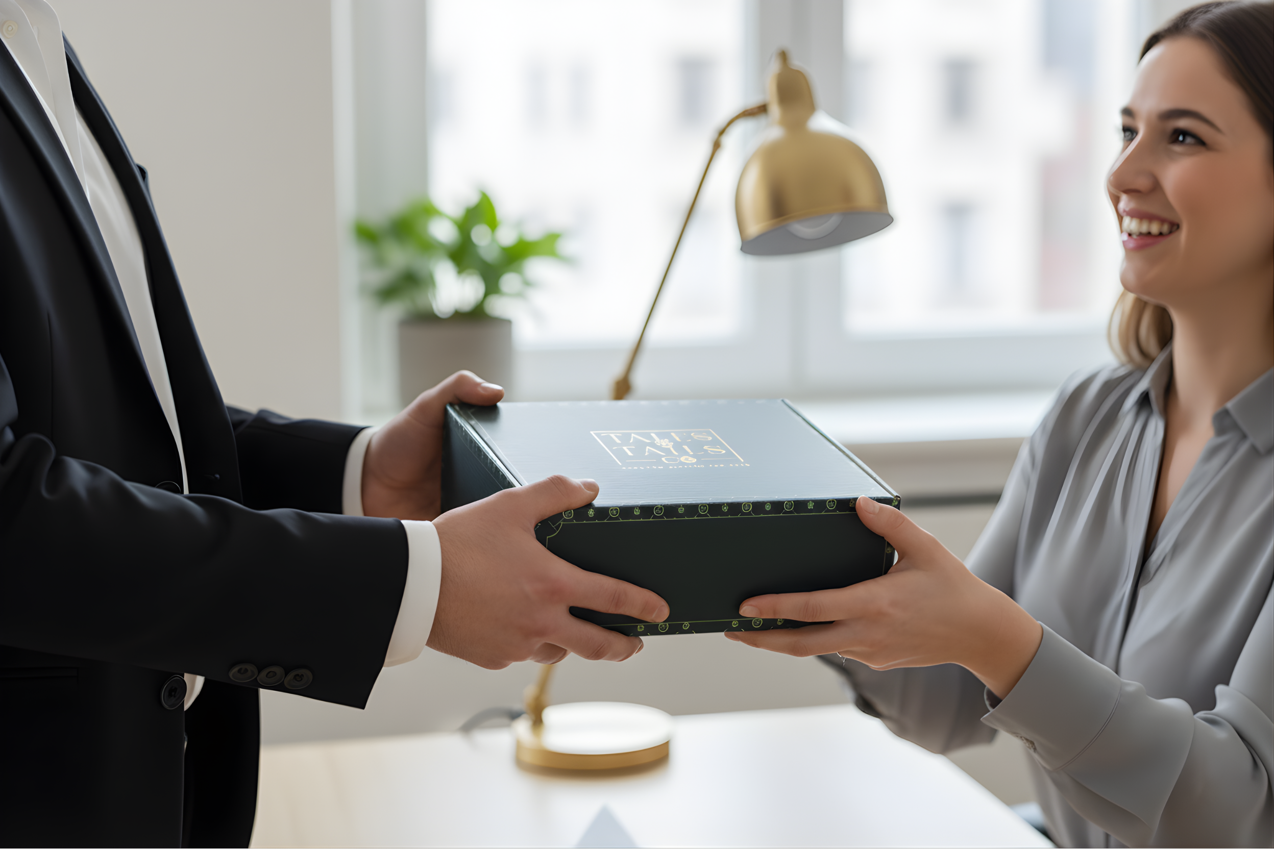 Person in a suit handing over a corporate gift box to a woman in an office setting.