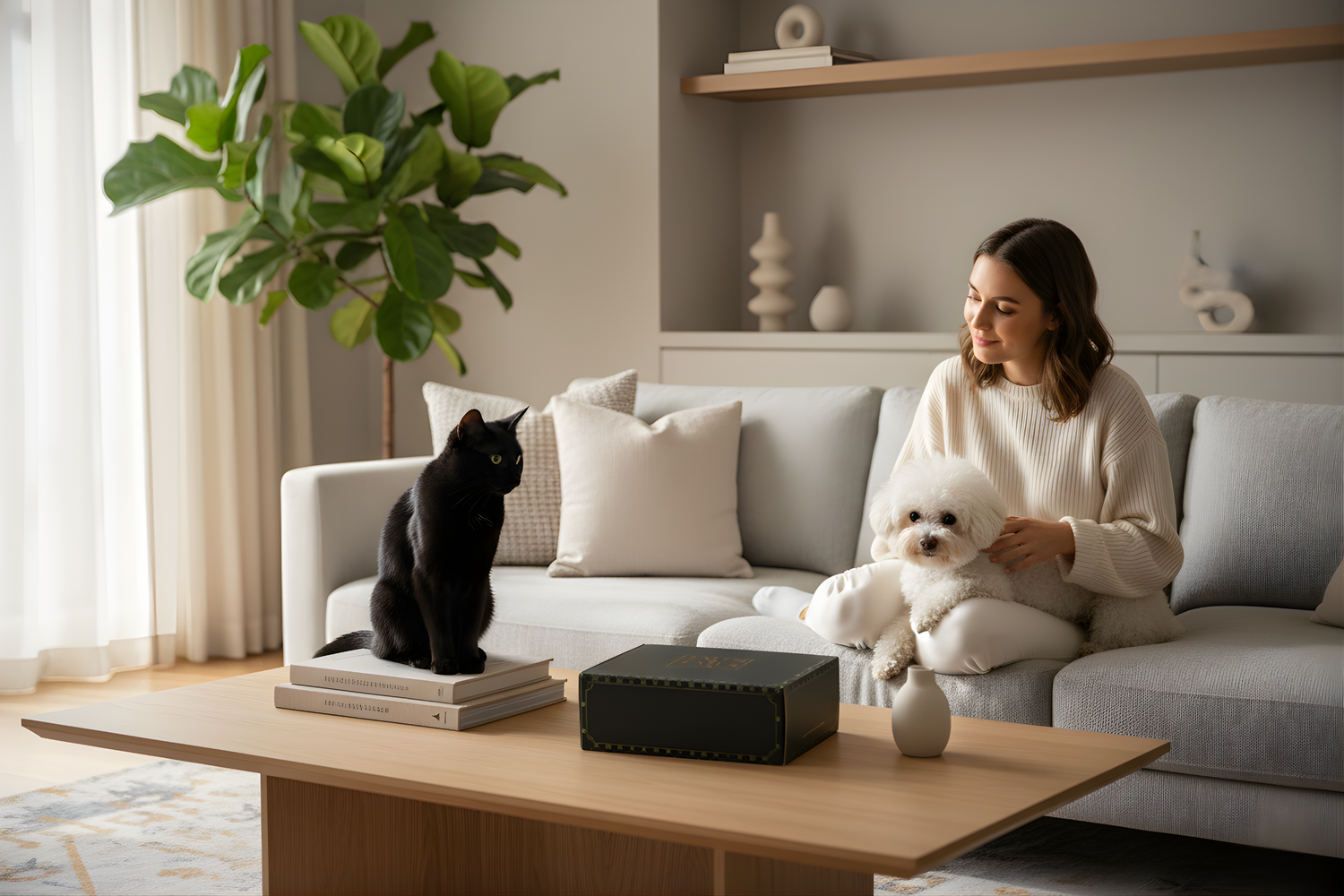 Woman and her pets with a pet gift box sitting in a living room.