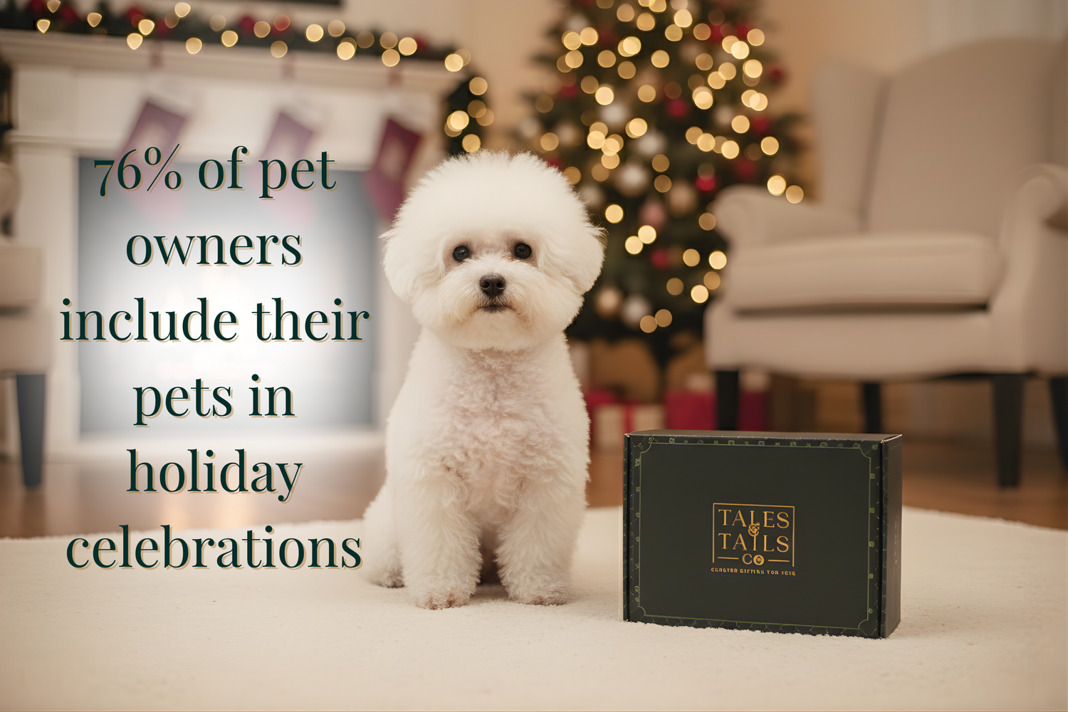 Small dog named Mochi with a dog gift box in front of a decorated Christmas tree.