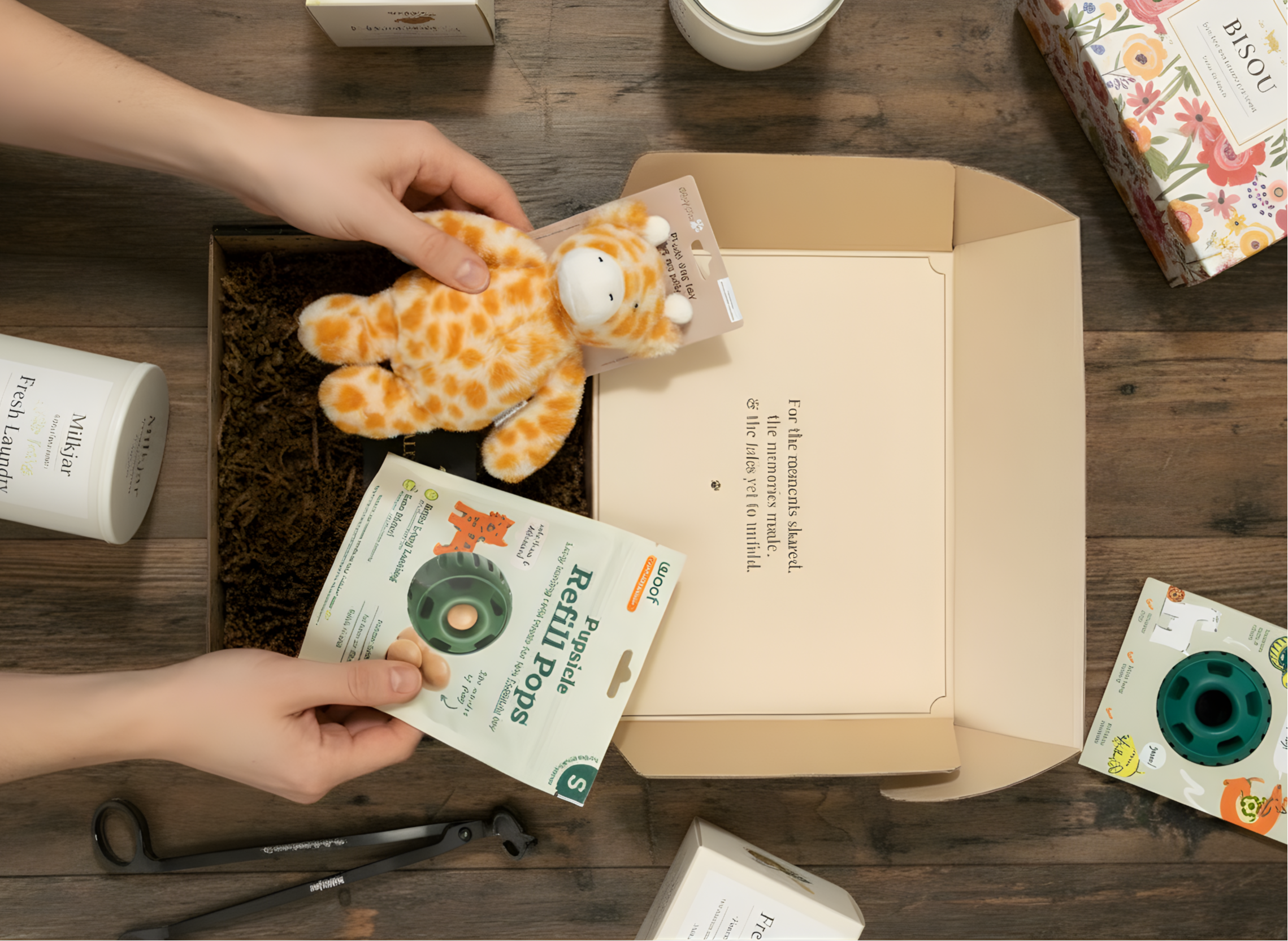 Pet gift box with dog soft toy and long lasting chew toy.